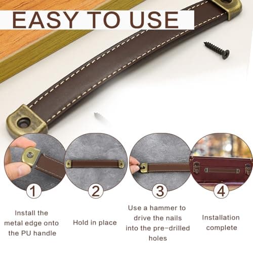 2 Pcs Leather Handles for Drawers, Cabinet Pulls, Vintage Leather Trunk Pulls, Leather Drawer Handles with Mounting Screws, Leather Strap Handles for Luggage, Suitcase, Cabinets (Dark Brown) — view 4