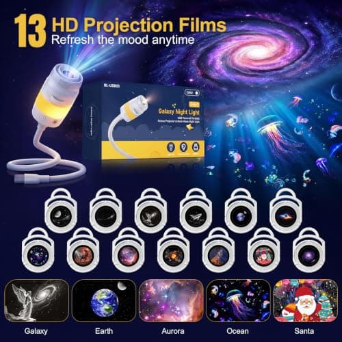 HD Smart Dynamic 5D Holographic Night Light Projector, Smart HD with 13 Films, 3-in-1 USB Plug & Play 360° Adjustable Ceiling Projector for Bedroom, Car & Ocean Starry Sky — view 2