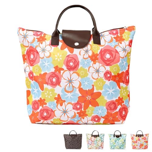 HUANYO Foldable Zipper Tote Bag for Women - Waterproof Reusable Shopping Bag, Portable Travel Beach Gym Bag with Pocket, Compact Foldable Handbag for Shopping, Travel, Holiday, Pool (orange)