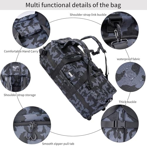 80L Waterproof Rolling Duffel Bag with Quick-Release Straps, Military Tactical Wheeled Foldable For Deployment Traveling Camping Sporting, Camouflage (Adjustable handle), Military Style — view 2