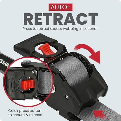 Auto Retract Ratchet Straps Heavy Duty – 300kg Max Break Capacity Self Retracting Tie Down Strap Set with Hooks Cushioned Grips for Cargo Trailer Motorcycle Luggage, Grey, 2 Pack, 2.5mm x 3m — view 3