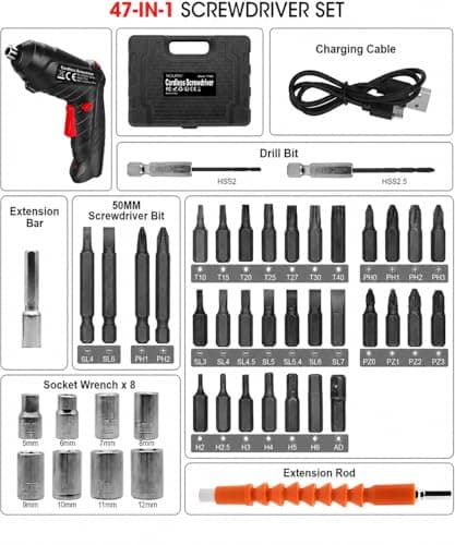 Electric Drill Screwdriver, 49 in 1 Portable Cordless Screwdriver Set Rotated 90 Degrees Electric Screwdrivers Cordless Handle with Led Worklight and Charger for Home Office DIY Tools — view 6