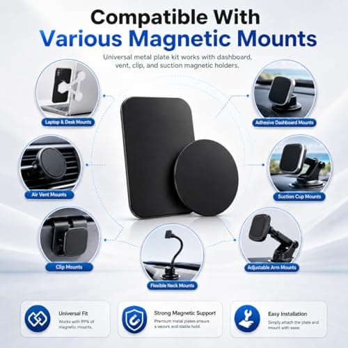 Qinoc Metal Plates for Mobile Magnetic Mount - Universal Replacement Plate Metal Disc with Strong Adhesive for Car Mounts, Magnetic Phone Holder - 2 Rectangle and 2 Round (All Black) — view 2