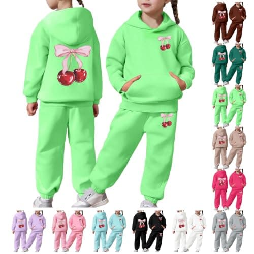 Girls 2-Piece Cherry Bow Hoodie Joggers Set, Soft Sweatsuit for Back to School