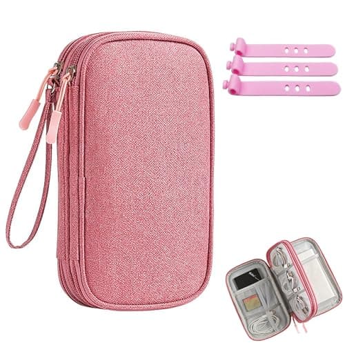 Cable Organiser Bag, Pink Cable Bag, Travel Organiser With Three Straps, Double-Layer Design, Travel Accessories for Storing Chargers, Power Banks and Headphones
