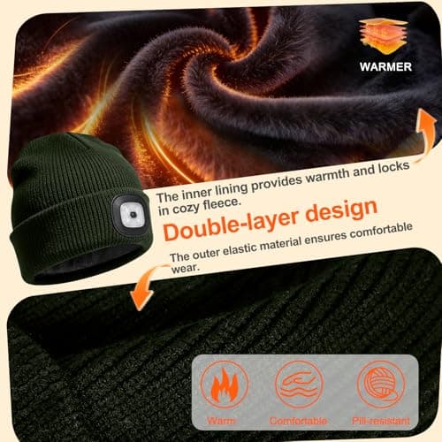 HAOCEE Hat with LED Light with Thick Warm Lining Gifts for Men Women Winter Beanie Illuminated Hat with Type-C Rechargeable Headlamp, olive green, One Size — view 3