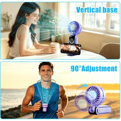 Handheld Fan Rechargeable, 5 Speeds Portable Ice Cooling Hand Fan, Flexible Modes Hand Desk Neck Electric Mini Fan，High-Power Hand Held Fans with LED Display for Travel Home Office Outdoor (Purple) — view 5
