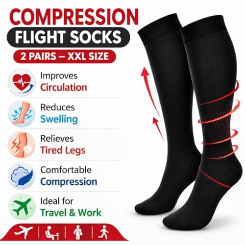 Compression Flight Socks for Men & Women Graduated 10mmHg Support Anti-Swelling Travel Socks for Flights, Work & Daily Wear Boost Circulation, Reduce Fatigue & Prevent DVT Sizes 8–13 (XXL Black) — view 3