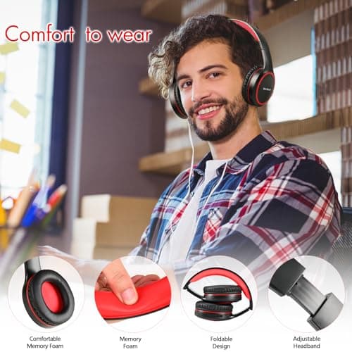 WorWoder Bluetooth Headphones Over Ear, 70H Playtime and 3 EQ Music Modes Wireless Headphones with Microphone, HiFi Stereo Foldable Lightweight Headset, Deep Bass for Home Office Cellphone PC (Red) — view 4