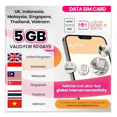 Love Mobile Data Only Sim Card - International Multi-Network 4G/5G Prepaid Pay As You Go Data Sim for Mobile, Routers etc, UK, Indonesia, Malaysia, Singapore, Thailand, Vietnam - 5GB - 60 Days
