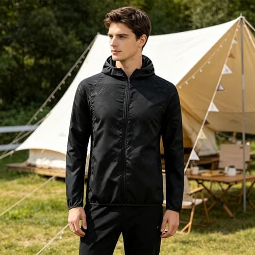 LXEASYGO Men's Lightweight Waterproof Jacket Packable Hooded Rain Jacket Outdoor Sun Protection Windproof Raincoat for Cycling, Running, Hiking (UK, Alpha, M, Regular, Regular, Black-1) — view 2