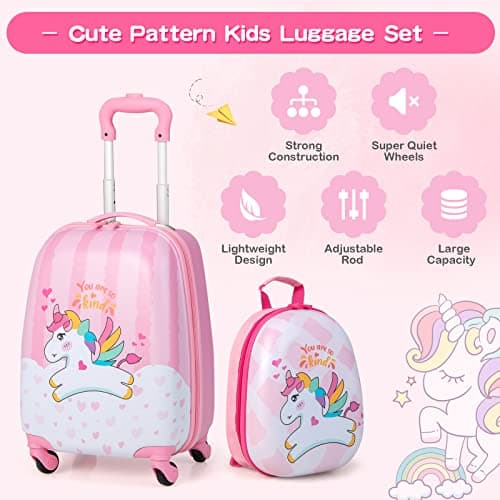 GYMAX 2Pcs Kids Luggage Set, 16"/18" & 12" Girls Suitcase (Pink, 12" & 16") — view 5