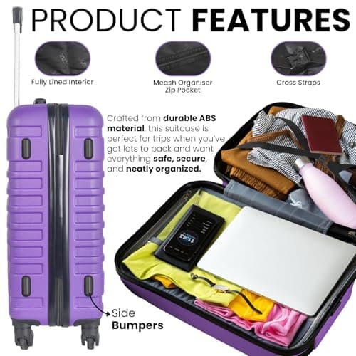 XPLR 5-Piece ABS Luggage Set – Durable Hard Shell Suitcases with TSA Lock, 360° Spinner Wheels & Organised Interiors – Includes Carry-On & Toiletry Bag – Scratch-Resistant Finish – Purple — view 6