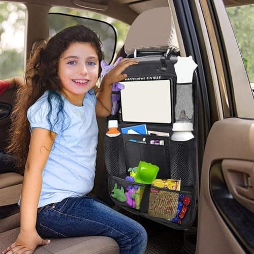 19x24 Inch Waterproof Car Backseat Organizer with Tablet Holder & Mesh Storage Pockets, Fastening Straps Car Caddy for Kids, Travel, Road Trips, SUV, Sedan — view 6