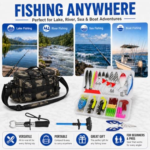 QKTYB Full Fishing Tackle Kit with Storage Bag, 111PCS Fishing Set with 107pcs Lures & Hooks, Mini Pliers, Hook Remover, Fish Lip Gripper, Shoulder Waist Handbag for Pike Perch — view 4