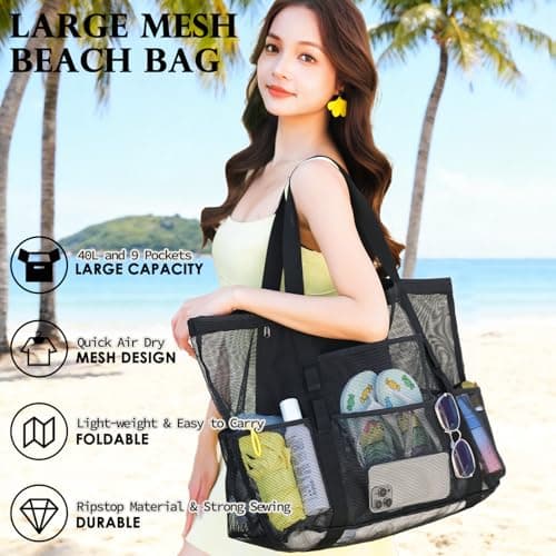 Fammart Large Mesh Beach Bag for Women, Oversized Beach tote Swim Pool Bag — view 3