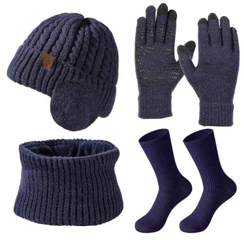 wokdsbl 4Pcs Mens Hat Scarf Gloves Set with Socks Navy Blue