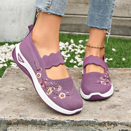 Dance Shoes for Women, Orthopedic Shoes for Women Wide Fit Slip On Walking Loafers Breathable Mesh Non-Slip Shoe Lightweight Arch Support Comfort Flats for Work Travel Casual Sneakers Purple — view 2