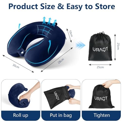 URAQT Travel Pillow, Memory Foam U Shaped Neck Pillow, Blue — view 2