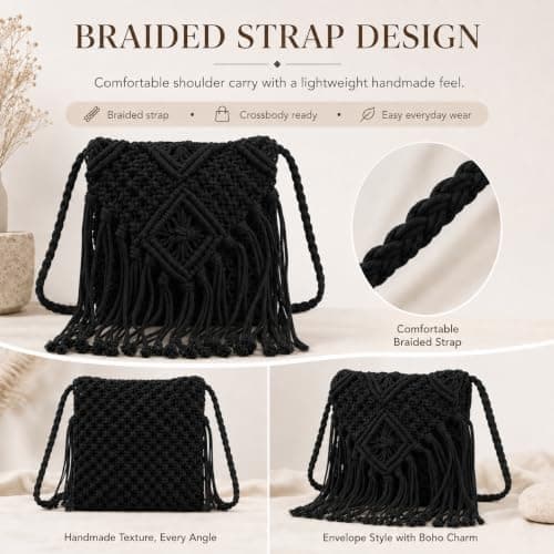 Fjquamitix Straw Cross Body Bag Women Boho Macrame Handmade Crochet Bag With Zipper Closure Fringe Shoulder Beach Purse Summer Handbags Travel Vacation Daily Use (Black) — view 4