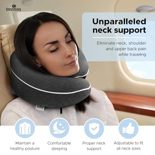 SnoozEasy™ Travel Pillow for Adults | Memory Foam 360 Degree Neck Support with Removable Pillow Case | Includes Travel Bag, Eye Mask and Ear Plugs | Dark Grey | UK Brand — view 2