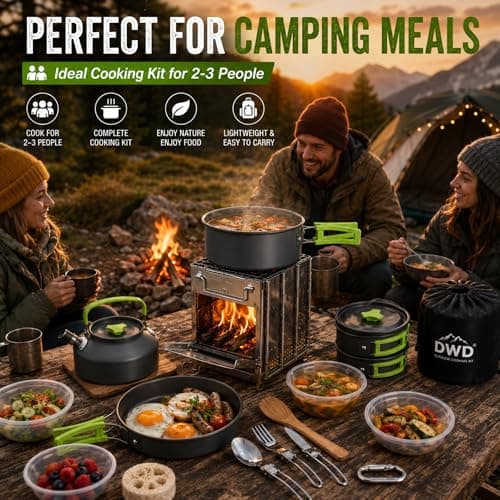 DWD® Complete Outdoor Cooking Kit – 16-Piece Camping Cookware Set with Pots, Pans, Kettle, Folding Stainless Steel Stove, Multi-Fuel Grill, and Travel Bag for Camping, Hiking, Backpacking, and Picnics — view 5
