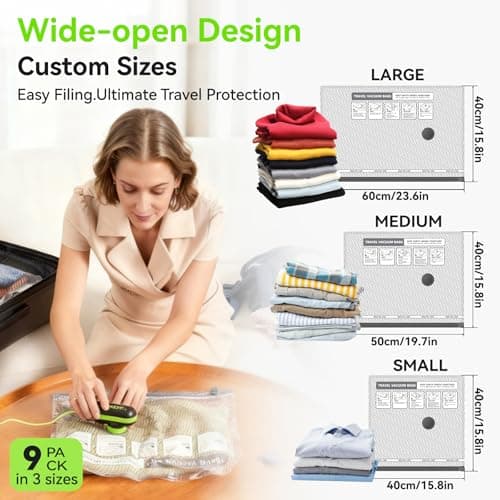 VACKFOX Travel Vacuum Bags with USB & TYPE C Pump, 9 Pack Carry-On Vacuum Storage Bags for Luggage & Suitcase, Vacuum Luggage Bags, Space Saver for Clothes & Travel(Green) — view 3