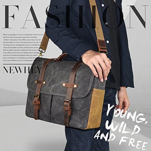NEWHEY Mens Laptop Shoulder Canvas Messenger Bag Waterproof Computer Briefcase Notebook Vintage Satchel Designer School Work Bags Grey 15.6 Leather — view 2