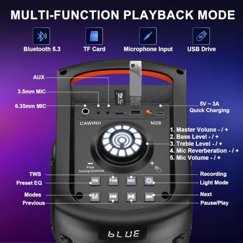 Cawinii Portable Bluetooth Speaker, 200W Peak Wireless Speakers — view 5