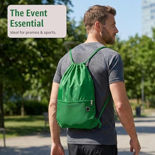 Bodygenix Unisex Drawstring Backpack for Sports – Lightweight Polyester Bag with Front Zip Pocket & Headphone Port – Waterproof Cinch String Bag for Sports, School, Swim, Travel & Beach Use - Green — view 4