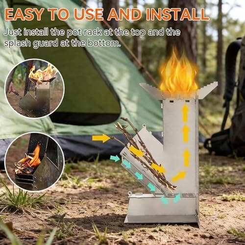 Camping Rocket Stove, Portable Camping Stoves Stainless Steel Wood Burning Grill Detachable Grill with Storage Bag for Outdoor Hiking BBQ — view 6