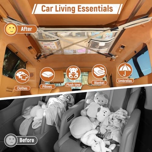 Car Ceiling Cargo Net,31.5"x21.6" Car Overhead Storage Mesh Organizer,Double Layer Roof Mesh Camping Overlanding Gear Must Haves Cargo Net,Road Trip Essentials（ Beige） — view 6