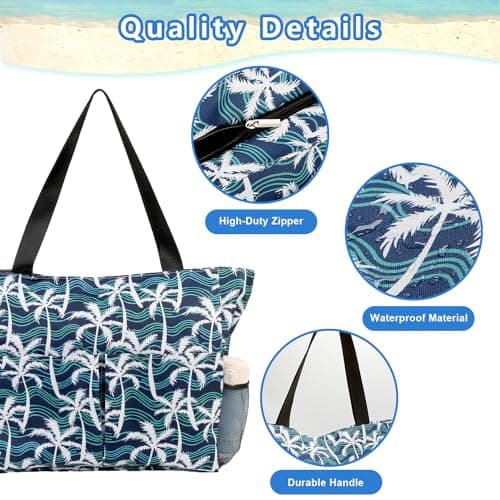 TAHAVICE Beach Tote Bags for Women with Zip, Large Waterproof Beach Bag with Pocket, Summer Beach Bags for Travel, Shopping, Pool, Gym — view 6