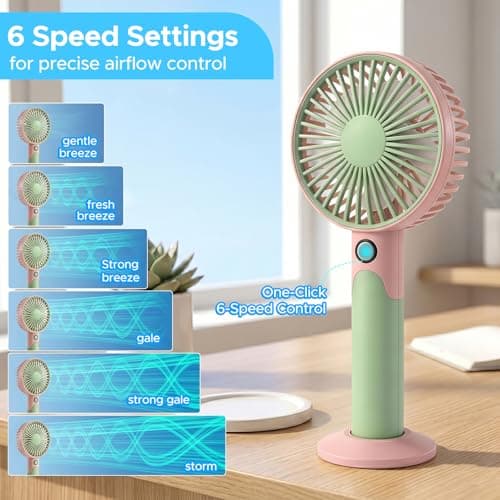 JYPS 2 in 1 Handheld & Desk Fan, USB Rechargeable Pastel Color Mini Fan, 6 Speed Super Powerful, Portable Personal Cooling Fan with Stand Base for Office Travel Outdoor Home(Pink+Green) — view 5