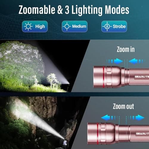 GEARLITE Rechargeable LED Torch, 2000LM Torches LED Super Bright with 3 Modes, Portable Small Torch with Battery, Waterproof Flashlight Zoomable for Power Cut, Emergency, Camping, Hiking, Outdoo- Pink — view 5