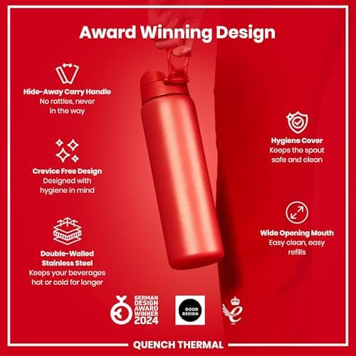 Ion8 Vacuum Insulated Stainless Steel 1 Litre Water Bottle, 920ml, Leak Proof, One-Finger Open, Secure Lock, Carry Handle, Dishwasher Safe, Scratch Resistant, Ideal for Sports and Yoga, Red — view 6