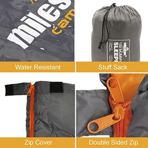 Milestone Camping Rectangular Sleeping Bag for Adults & Kids | Insulated 2 Season for Camping, Hiking, Outdoor Holidays | Grey & Orange | Packs Down Tight | 170cm x 75cm (Pack of 2) — view 3
