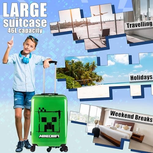 Minecraft Suitcase Kids Teens Creeper Hard Shell Luggage Travel Case 4 Wheels Handle Travel Essentials Holiday School Trips (Green, M/L66.5cm x W45.5-46L) — view 2