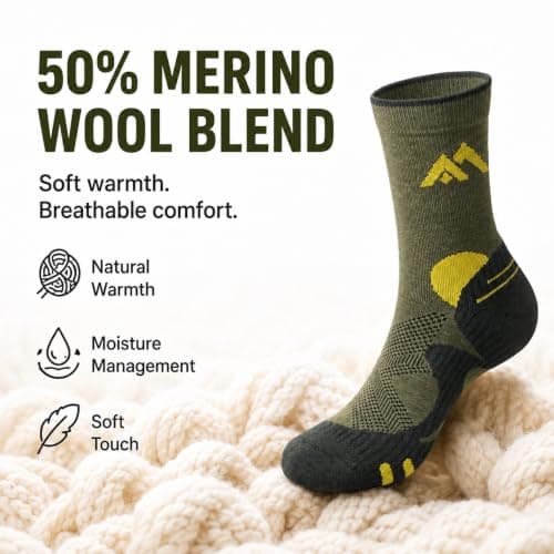 Merino Wool Hiking Socks for Men 2 Pack, Thermal Socks for Winter, Olive — view 2