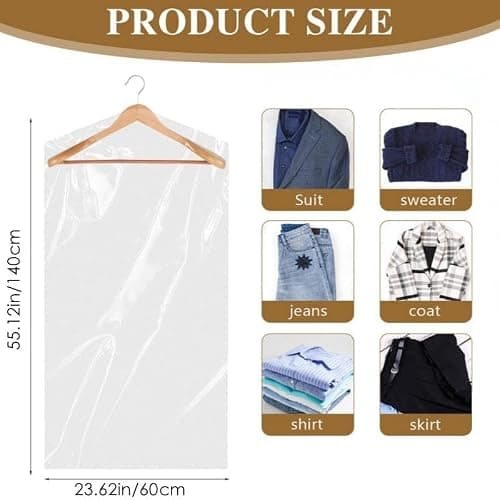 20 Pack Plastic Clothes Covers, 60*100cm/60*140cm Dry Cleaning Bags, Clear Clothes Bags Hanging, Garment Bags, Dust-proof Garment Protector Covers for Clothes Shirt Suit Jacket Sweater (60 × 100cm) — view 3