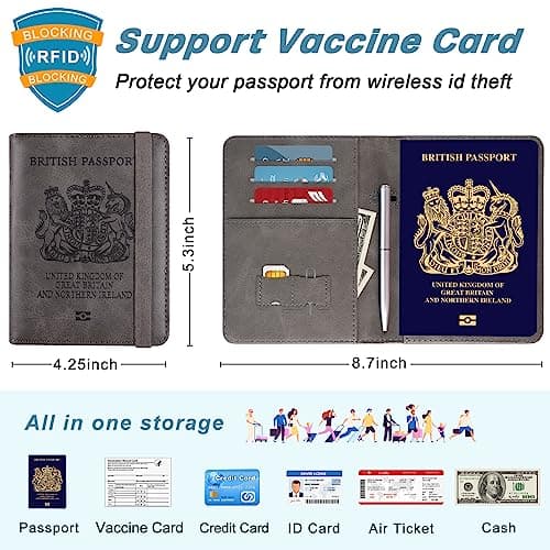 DMLuna Passport Holder, Premium PU Leather Travel Passport Wallet RFID Blocking Passport Cover Case Travel Documents Organizer with Pen Holder, for Women and Men - Grey — view 3
