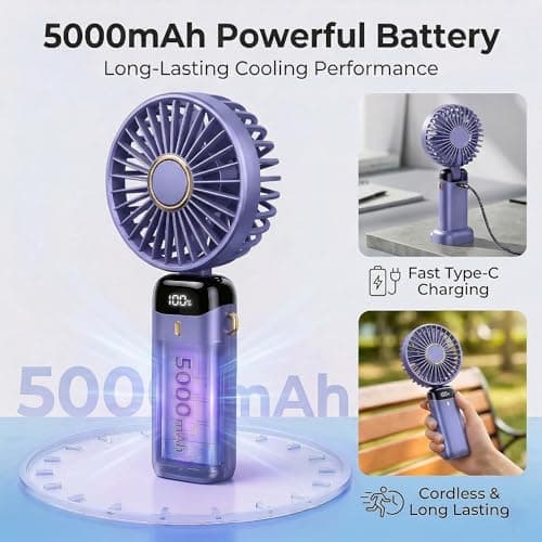 HomlyPro Handheld Fan, 5000mAh Battery-Operated Portable Fan with LED Display, 5 Speeds Strong Airflow & 90° Foldable Design, Small Desk Fans for Home Office Outdoor Travel Essentials (Purple) — view 5