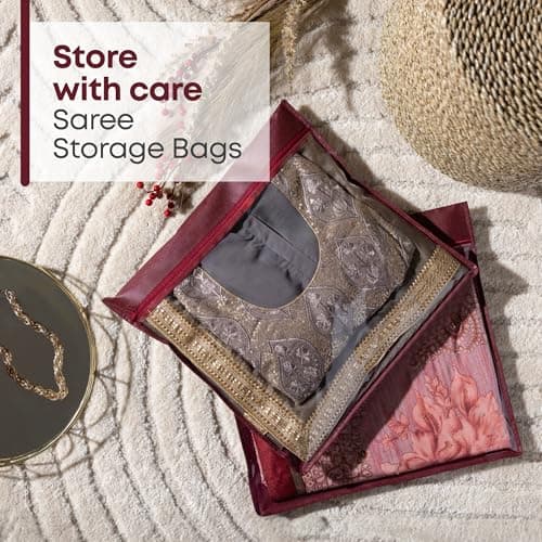 Fineway 20 Pack Saree Storage Bags with Zip – Space saving Clear Zip Bag, Clothes Bag Organiser for Sarees, Dresses & Clothes – Moisture-Resistant Saree Bags Clothing Storage (Maroon, 42x35cm) — view 2
