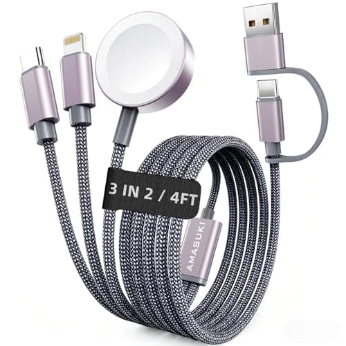 Upgraded Travel Essentials 3 in 2 Apple Watch Charger for iPhone Charger Multi Charger Cable Compatible with iWatch Serie 11-2/Ultra/SE, iPhone 17-11, Galaxy Android-4FT for Travel Camping Cruise