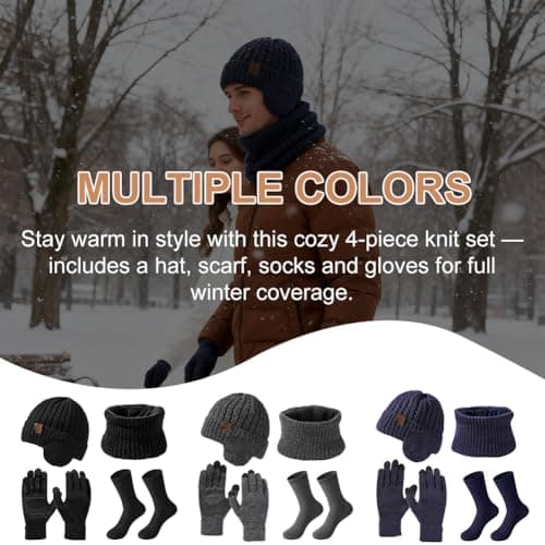 wokdsbl 4Pcs Mens Hat Scarf Gloves Set with Socks Navy Blue — view 5