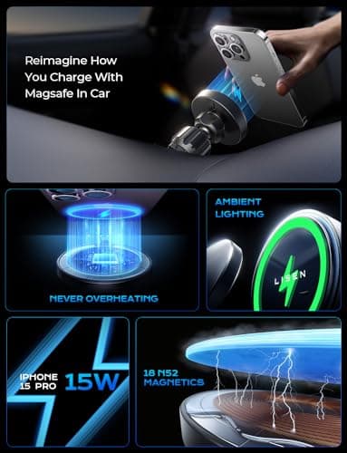 LISEN for Wireless Magsafe Car Mount Charger [15W Top Charge] Car Phone Holder Wireless Charger for iPhone 17 Pro Max Magnetic Phone Holder Cars for iPhone 17 Pro Max Air 16 15 14,Fiber Black — view 5