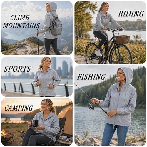 NWDEY Women's Lightweight Waterproof Jacket Ladies Packable Raincoat Hooded Windproof Rain Jacket Coat for Outdoor Travel (UK, Alpha, 3XL, Regular, Regular, Grey) — view 6