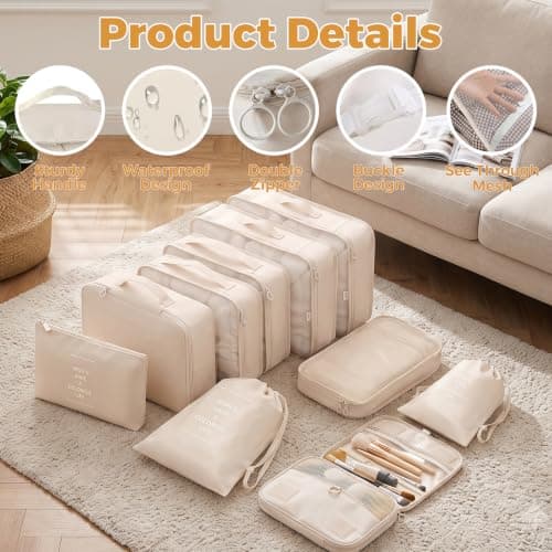 LANSKLBD 10 Set Packing Cubes for Suitcases Travel Luggage Packing Organizers,Travel Accessories Essentials Luggage Organizer with Shoe/Tioletry/Laundry Bag (Beige, 10 set) — view 6