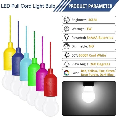 6 Pack LED Pull Cord Light Bulb, Battery Operated, Portable Hanging Pull Cord Lamp, for Wedding, Festival, Outdoor, Camping, Garden Parties, Decoration(Cold White) — view 2