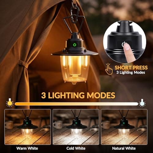 Camping Lantern Rechargeable, Portable Retro Camping Light, Dimmable Tent Light Battery Powered, Hanging Tent Light for Caming, 3 Modes, Waterproof,Hanging Lamp for Power Cuts, Garden, Fishing, Black — view 3
